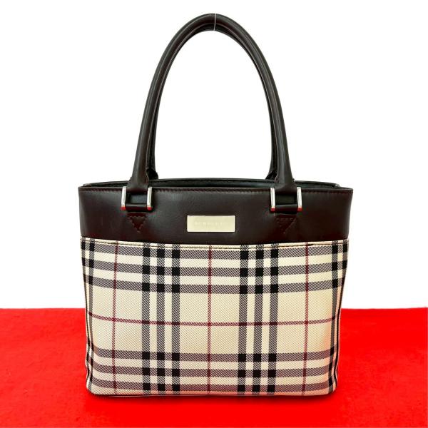 極美品　バーバリー　トートバッグ　ナイロン／レザー　ダークブラウン　ノバチェック BURBERRY（バーバリー） 極 美品 ノバチェック 柄 ロゴ 金具 レザー 本