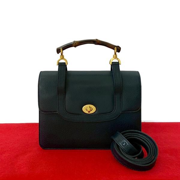 【美品】オールドグッチ　ハンドバッグ　バンブー　ターンロック　ネイビー　本革 GUCCI 極 美品 オールドグッチ ヴィンテージ バンブー ターン