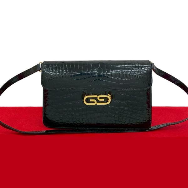 【希少】 GUCCI ショルダーバッグ ヴィンテージ GG クロコ型押 グリーン GUCCI 極 美品 グッチ オールドグッチ ヴィンテージ GG ロゴ