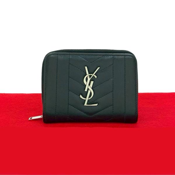 【美品】サンローラン 二つ折り財布 シルバー YSL ゴールドロゴ レディース 美品】サンローラン 二つ折り財布 シルバー YSL ゴールドロゴ