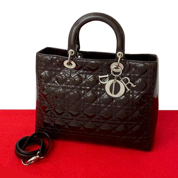 極 美品 Christian Dior ディオール レディディオール カナージュ パテントレザー 2way ハンドバッグ ショルダーバッグ ブラウン 25058 linkvintage_827b827-25058