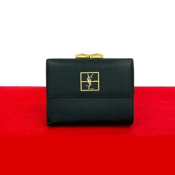美品　Yves Saint Laurent 二つ折り財布　がま口　型押しロゴ Yves Saint Laurent 極 美品 YVES SAINT LAURENT イヴサンローラン
