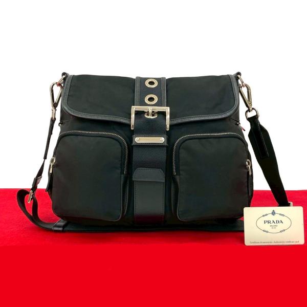 【極上美品✨】プラダ ショルダーバッグ 三角 テスートナイロン レザー ブラック 美品✨】プラダ ショルダーバッグ テスートナイロン×レザー 三角