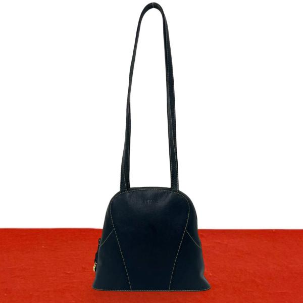 極 美品 LOEWE ロエベ ヴィンテージ ロゴ 刻印 レザー 本革 ラウンドジップ トートバッグ セミ ショルダーバッグ ネイビー 70873
