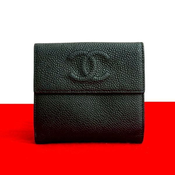 【極美品】シャネル　二つ折り財布　キャビアスキン　ココマーク　 黒　CHANEL CHANEL（シャネル） 極 美品 シール有 15番台 ココマーク マット