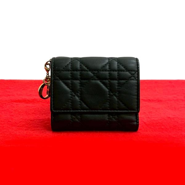 極美品【クリスチャンディオール】カナージュ ロータスウォレット ３つ折り財布 黒 極 美品 Christian Dior クリスチャンディオール レディディオール