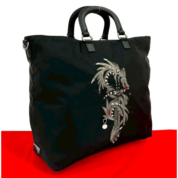 【美品✨】PRADA ボストントート　ナイロン×サフィアーノレザー　黒　三角ロゴ PRADA（プラダ） 極 美品 希少品 三角ロゴ 金具 ドラゴン サフィアーノ