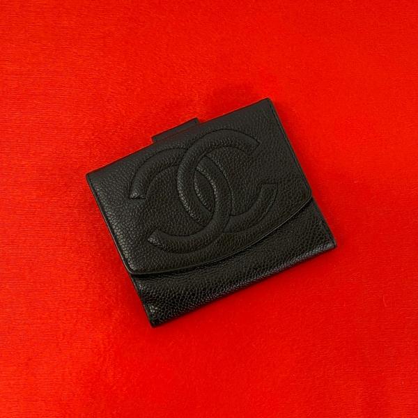 シャネル★レア人気/デカココ/コンパクト/折り財布/キャビアスキン/ヴィンテージ シャネル(CHANEL) キャビアスキン(Caviarskin) メンズ二つ折り財布