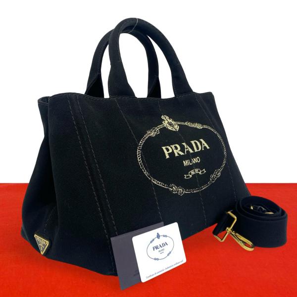 美品 ギャラ付 プラダ カナパ S ハンドバッグ 三角ロゴ 2way ブラック PRADA（プラダ） 極 美品 カード付き カナパ 三角ロゴ 金具 キャンバス
