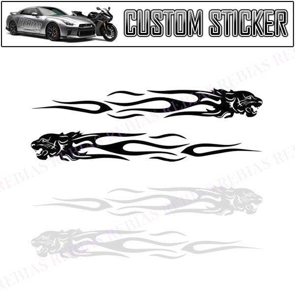虎の頭と炎をモチーフにしたサイドライン「タイガーファイア」ステッカー！サイドに貼ると躍動感が出てイイ感じ！左右セットで貼るだけ簡単♪車、バイク、インテリアなど幅広くお使いいただけます♪サイズ　約22cm×2.6cm数量　1枚（左右セット）※...