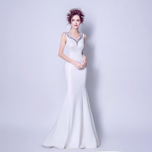 パーティードレス マーメイドライン二次会 結婚式 披露宴 司会者 舞台衣装 花嫁 ホワイトvネック ロングドレス Www Mohmmadiyon Com