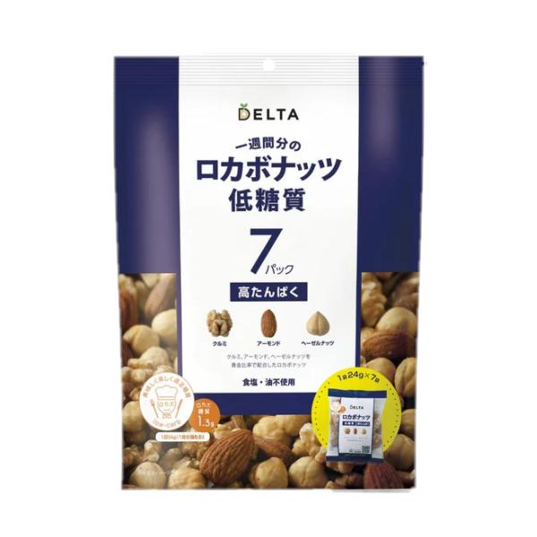 【内容量】168g(24g×7袋)【原材料】クルミ（アメリカ）、アーモンド（アメリカ）、ヘーゼルナッツ（トルコ）【商品特徴】ゆるやかな糖質制限「ロカボ」な食生活を応援するミックスナッツです。油・塩は不使用。1日1袋一週間で食べきる7袋入り。...