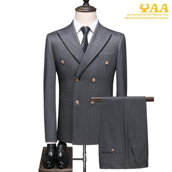 ダブルスーツ 3ピーススーツ 6つボタン スリーピース スリーピー ビジネススーツ ストライプ柄 細身 スーツ セットアップ 春夏 紳士 メンズ[素材]表地/70％ポリエステル、30％レーション裏地/100％ポリエステル[原産国] 中国※画...