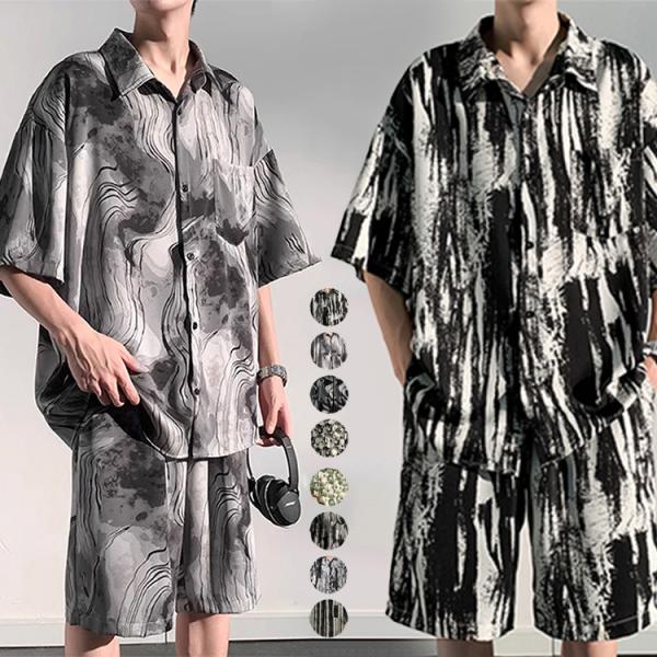 メンズ ジャージ 半袖シャツ スウェット上下セット 花柄 開襟シャツ 薄手 セットアップ 夏 部屋着