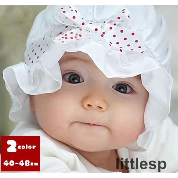 レースやドット柄のリボンががお上品でおしゃれ?コーディネートにも取り入れやすいベビー帽子です。【サイズについて】頭囲40-48cm【素材について】綿混