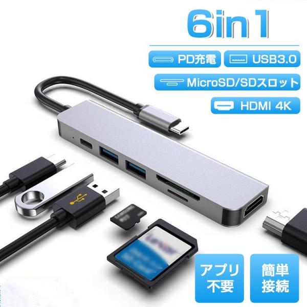 USB3.0 ハブ 6in1 Type-c hub  PD充電 4K HDMI 6in1 USB Type-C ハブ 4K HDMI USB3.0 PD対応 LAN 1Gbps ポート