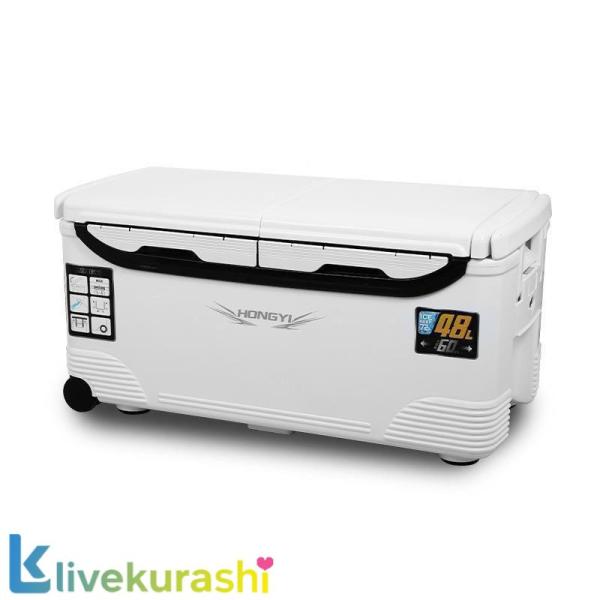 釣り用クーラーボックス 大容量32/48/60/70L 座れる頑丈マッスルボディ 防水 断熱材 ハンドル/水栓/肩ベルト/キャスター付き 釣り 保冷力72h 白￥u0026黒