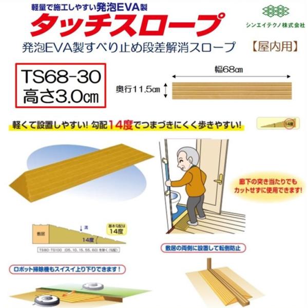 コメント発泡EVA製すべり止め段差解消スロープ角部屋や廊下・勝手口など狭い出入口に最適なスロープです。柔軟性の高いスロープで狭い場所向き！廊下の突き当たりでも加工せずに使用できます！※両面テープは2本貼付け済み。○軽くて施工しやすい・裏面の...