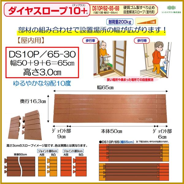 コメント50cm本体とジョイント部(6cm・9cm)の組み合わせでスロープ幅を調節。ゆるやかな勾配10度で、すり足の方でも安心。 お茶やお料理を歩行車でスムーズに運べます。規格詳細高さ：2.5cm奥行：16.3cm幅：65cm勾配度数：10...