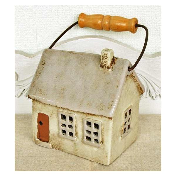 輸入雑貨 キャンドルハウス カンテラハウス 陶器 置物 オブジェ 家 ミニチュア ハンドメイド アンティーク風 グレー 29202