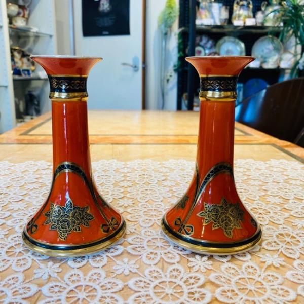 ノリタケ オールドノリタケ アールデコ様式 朱地薔薇籠紋 燭台ペア