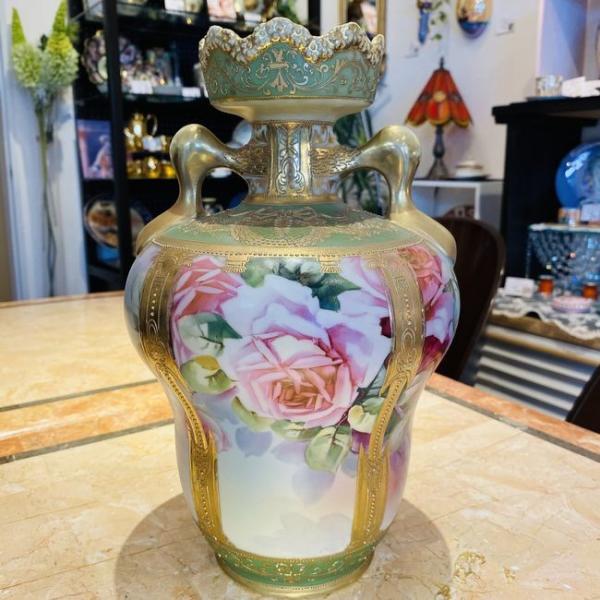 【美品】オールドノリタケ ジュエル 翠地金盛り蝶 薔薇紋花瓶 ジュール エナメル ノリタケ オールドノリタケ 金盛薔薇絵図紋 ハンドペイント 花瓶