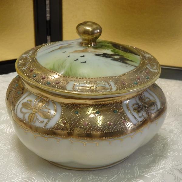 【CM322】オールドノリタケ トランプ スリーハンドル 葉巻入れ 蓋物 盛上 livingts_noritake319