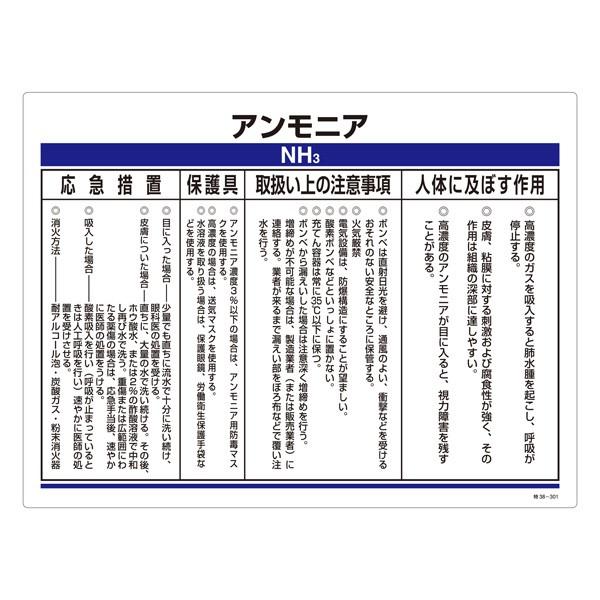 標識 化学物資関係標識 「アンモニア」 特38-301 （ 安全標識 表示