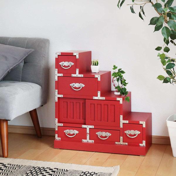 在庫処分セール！民芸家具引き戸付き階段箪笥右下がり朱色木製桐材無垢チェストタンス 在庫処分セール！民芸家具引き戸付き階段箪笥右下がり朱色木製桐