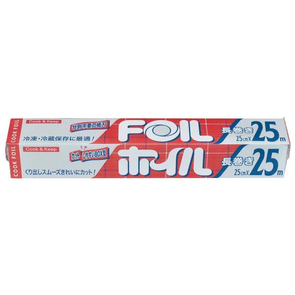 サイズ/約25cm長さ：25ｍ重量/約650g内容量/1本材質/アルミニウム箔生産国/日本製●25cm幅の食品用アルミホイル25mです。●端末にシール止めが付いており、ホイルをはがしやすく無駄がありません。●アウトドアや防災グッズに一つ入れ...