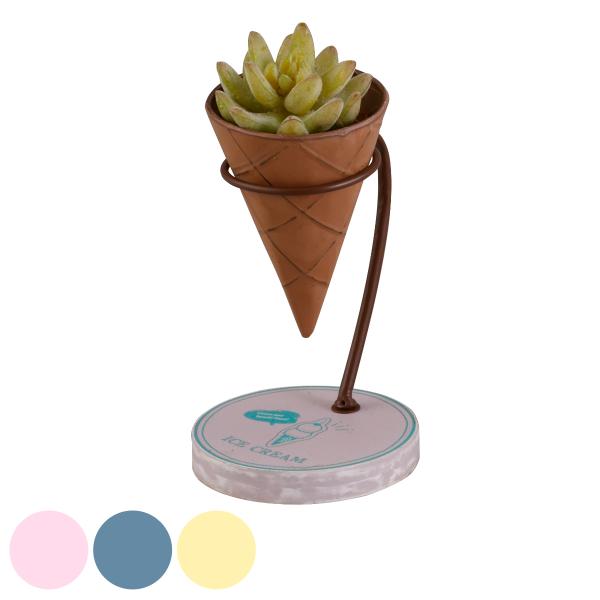 サイズ/約幅10×奥行11×高さ17cmポットサイズ：約直径8×高さ12cm内容量/1個材質/ウッド、アイアン種類/ピンク、イエロー、ブルー生産国/中国製●可愛いアイスクリーム型のフラワーポットです。●多肉植物やサボテンなど、あまり水を必要...