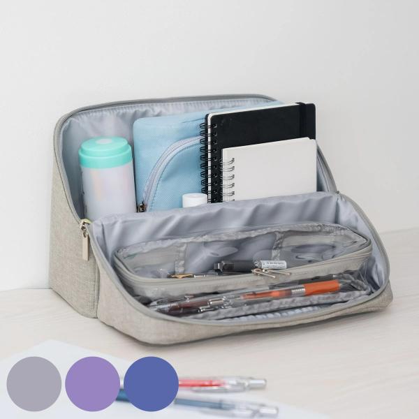 サイズ/約幅28×奥行11.5×高さ21.5cm開けた時のサイズ：約幅28×奥行23×高さ20(cm)内容量/1個付属品：クリアポーチ材質/ポリエステル種類/グレー、ヴァイオレット、ブルー生産国/中国製●勉強に必要なアイテムをまとめて収納で...