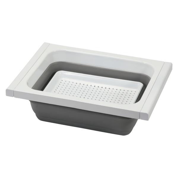 サイズ/使用時：幅26×奥行35.5〜54.5×高さ5cm収納時：幅26×奥行35.5×高さ2.5cm内容量/1個材質/ポリプロピレン・熱可塑性エラストマー生産国/日本製●スライド式でシンクの幅にピッタリ合わせてお使い頂けます。●使わない時...