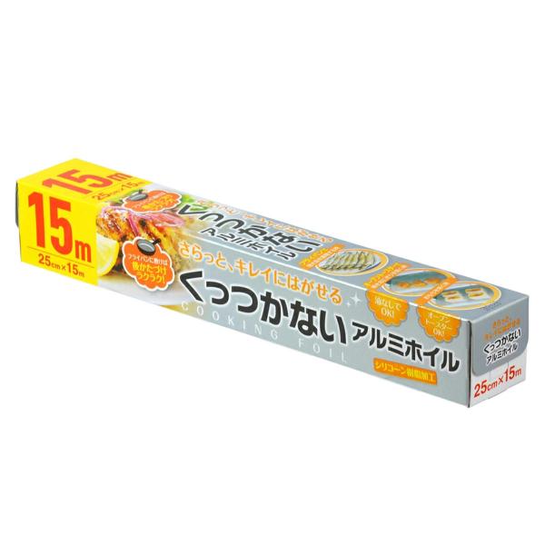 サイズ/25cm×15m内容量/1本材質/アルミニウムはく、シリコーン樹脂生産国/中国製●食品がつきにくく、サラッとはがせるのでオーブン料理や包み焼きに最適です。●鉄板などの調理器具を汚さないので、後片付けが簡単です。●熱に強いので、フライ...