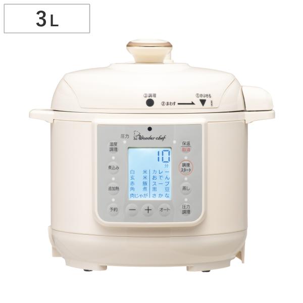 サイズ/外寸：約幅31×奥行27.5×高さ28cm内鍋：約直径18×高さ11.5cm重量/約3.6kg容量/最高水位線：約2L豆るい線：約1L内容量/1セット電気圧力鍋・内鍋・計量カップ・しゃもじ・おたま・ガラス蓋・蒸しす・お掃除ピン・取扱...