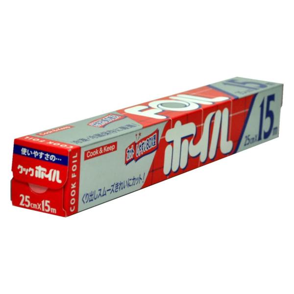 サイズ/約幅25cm×巻き長さ15m内容量/1本材質/アルミニウムはく生産国/日本製耐熱温度/660度●25cm幅の食品用アルミホイルです。●カットしやすいBOXタイプです。●端末にシール止めが付いているので、はがしやすくムダなく使用できま...