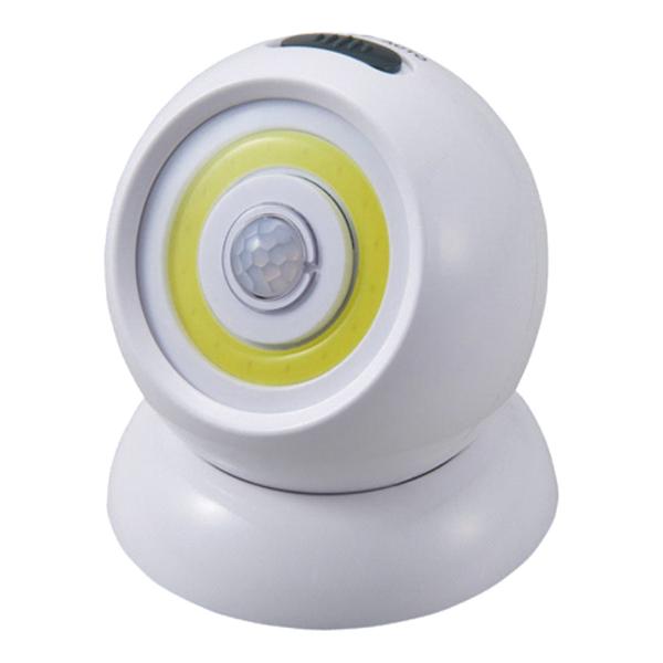 サイズ/約高さ7.7cm直径：約7.2cm重量/約105g内容量/1個材質/ABS樹脂生産国/中国製電源/単4電池×3本（別売）●高輝度のCOBライトを搭載した人感センサーライトです。●台座にはマグネットがついていて、光の方向や取り付けも自...