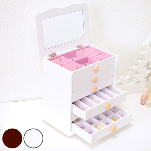 ジュエリーチェスト ジュエリーボックス 6段 ミラー付 花型取っ手 幅26cm （ アクセサリー