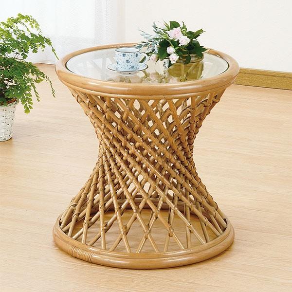 ラタンテーブル 円型 籐 ローテーブル ガラス天板 直径45cm