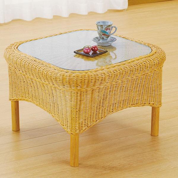 ラタンテーブル ガラス天板 正方形 ローテーブル 籐家具 53cm角型