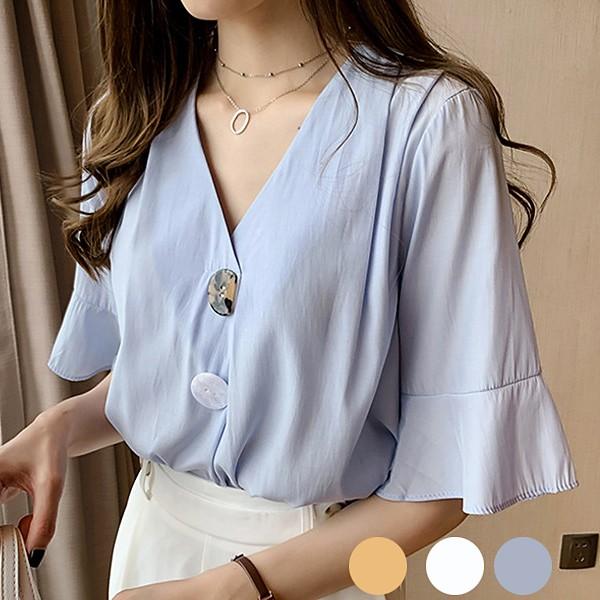 ブラウス レディース トップス オシャレ Vネックブラウス フレア 通勤 無地 大きいサイズ フォーマル 韓国風 ナチュラル シャツ 夏 Lnbc055 Lizstore 通販 Yahoo ショッピング