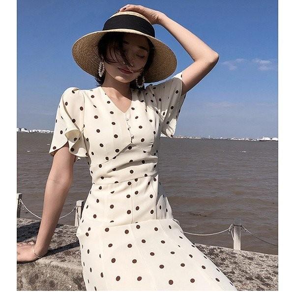 ワンピースレディース韓国風 ロング丈 夏 半袖 レトロポップな水玉ドットアシンメトリーワンピース 海 ナチュラル ビーチ リゾート ハワイ Y Lizstore 通販 Yahoo ショッピング