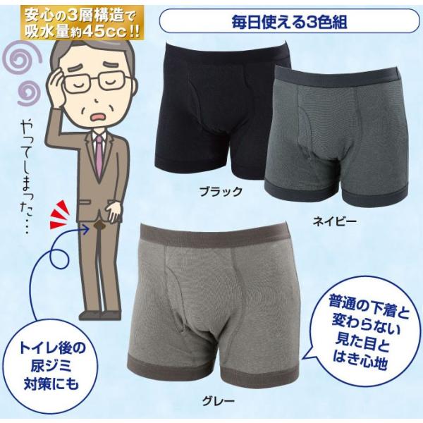 おしりまで安心ニットトランクス 3色組 男性用 尿漏れパンツ 失禁対策