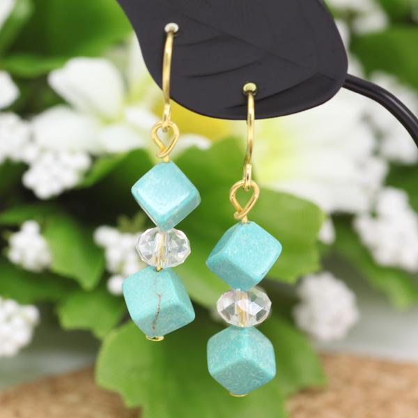 500円均一】ターコイズ＆水晶ビーズピアス 金属アレルギー対応  