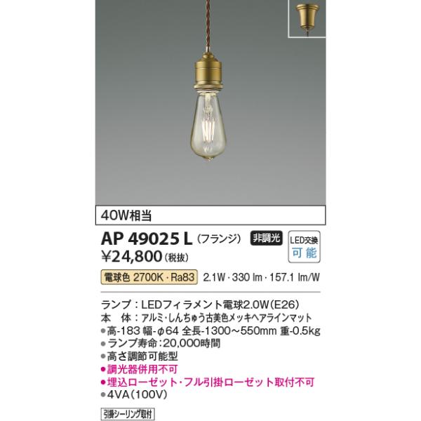 KOIZUMI AP49025L ペンダントライト LEDランプ交換可能型 非調光