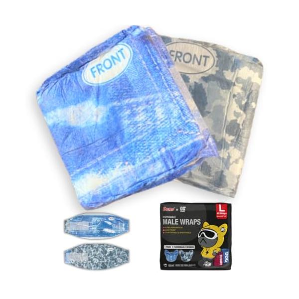 他サイト： マナーパンツ オス用 【ペット介護士監修】 オムツ 48枚 [24枚x2種類のデザイン] マナーウェア おしっこ 長時間オムツ 迷彩＆デニム柄 Lサイズの商品画像