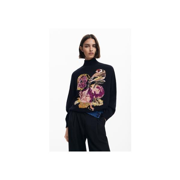 デシグアル Desigual 花と鳥のジャカードハイネックセーター by クリスチャン・ラクロワ （グレー/ブラック）