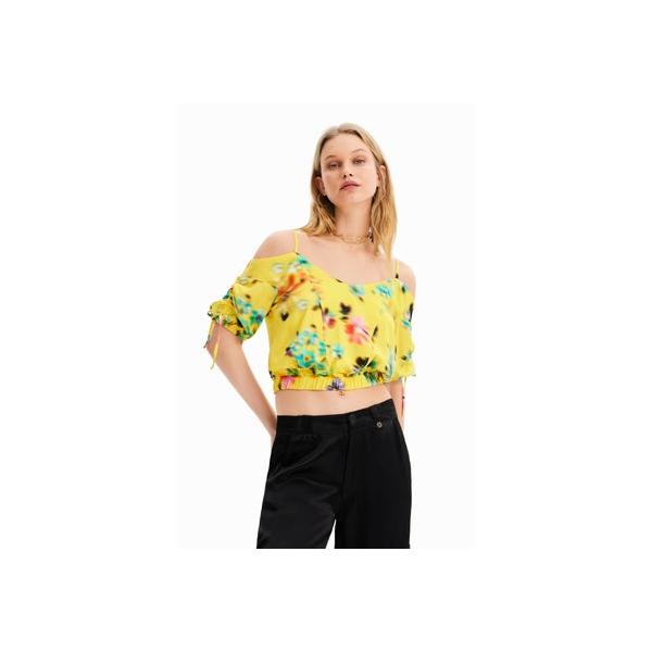 デシグアル Desigual 花柄 ショートギャザーブラウス （イエロー 