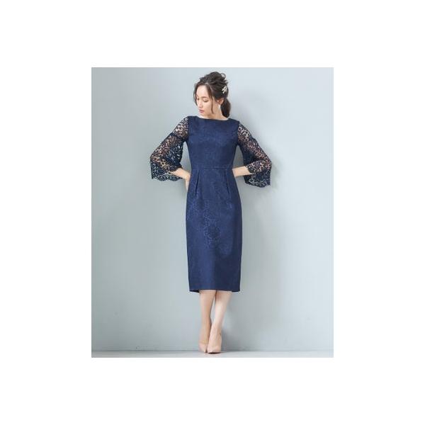 ドレスプラス DRESS+ レース七分袖×ダマスク柄ワンピースドレス結婚式ワンピース・お呼ばれパーティードレス （ネイビー）