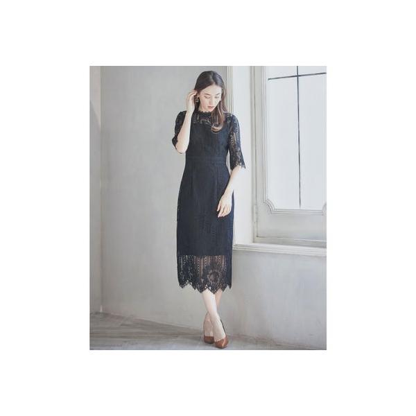 ドレスプラス DRESS+ タイトシルエットのミモレ丈ワンピースドレス パーティードレス 結婚式 （ブラック）